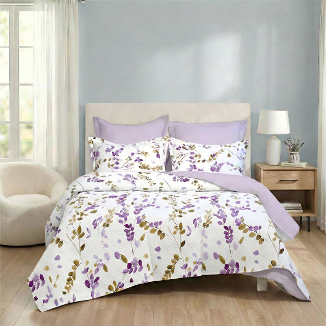 COLCHA + JUEGO DE SABANA ALGODON FLORAL LILA