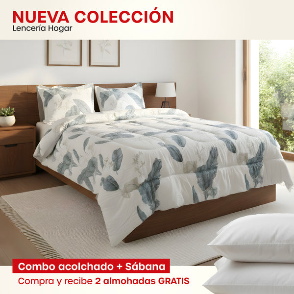 KIT ACOLCHADO + JUEGO DE SABANA BOTANIC + (2) ALMOHADAS SILICONADAS