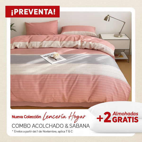 KIT ACOLCHADO + JUEGO DE SABANA LINEAS ROSAS + (2) ALMOHADAS