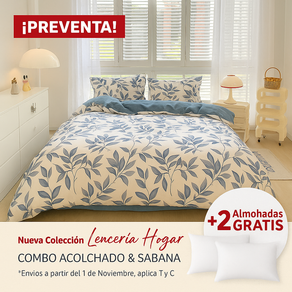 KIT ACOLCHADO + JUEGO DE SABANA BOTANICO + (2) ALMOHADAS