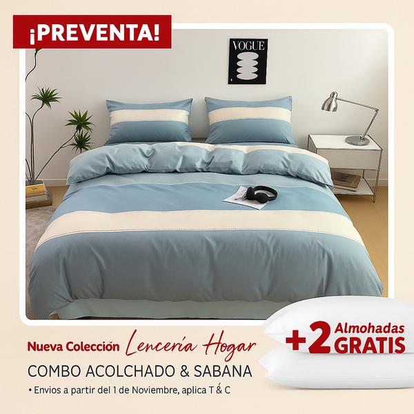 KIT ACOLCHADO + JUEGO DE SABANA LINEAS AZULES + (2) ALMOHADAS