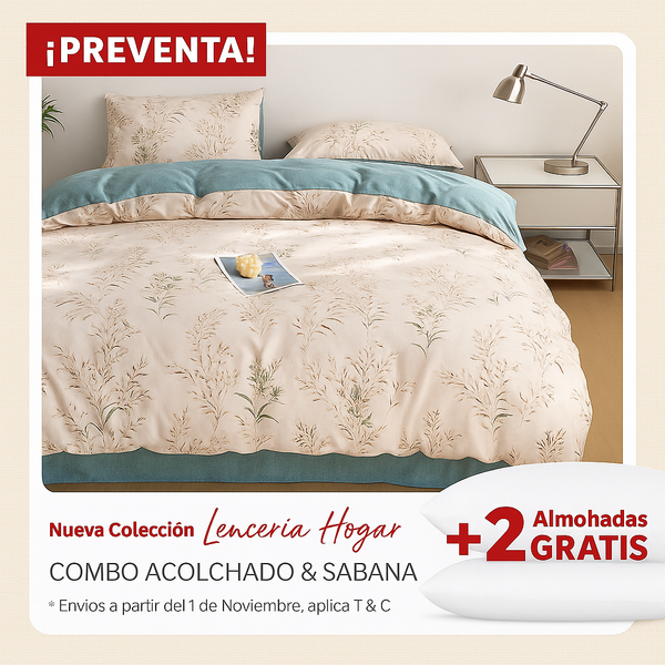 KIT ACOLCHADO + JUEGO DE SABANA FLORAL JARDIN + (2) ALMOHADAS
