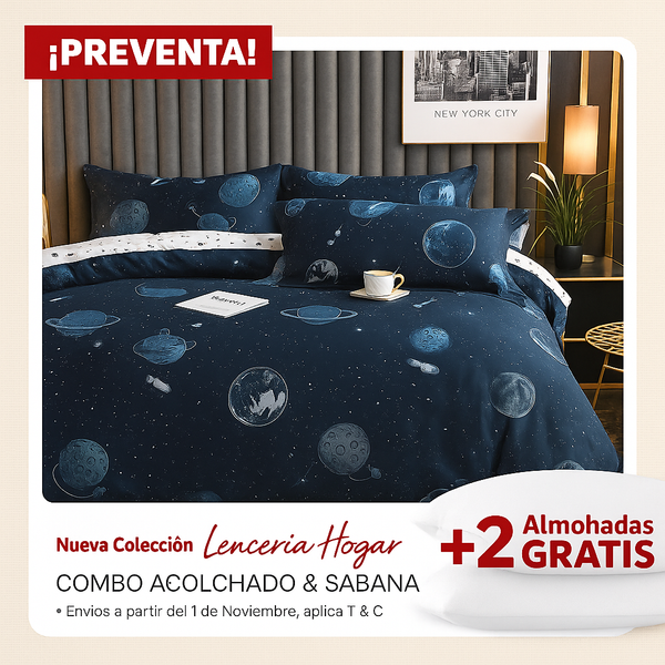 KIT ACOLCHADO + JUEGO DE SABANA ASTRONAUTAS + (2) ALMOHADAS