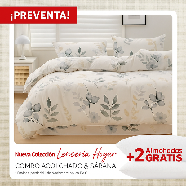 KIT ACOLCHADO + JUEGO DE SABANA NATURAL + (2) ALMOHADAS