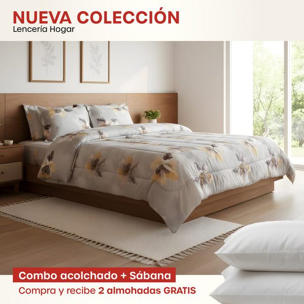 KIT ACOLCHADO + JUEGO DE SABANA PRIMAVERA GRIS + (2) ALMOHADAS SILICONADAS