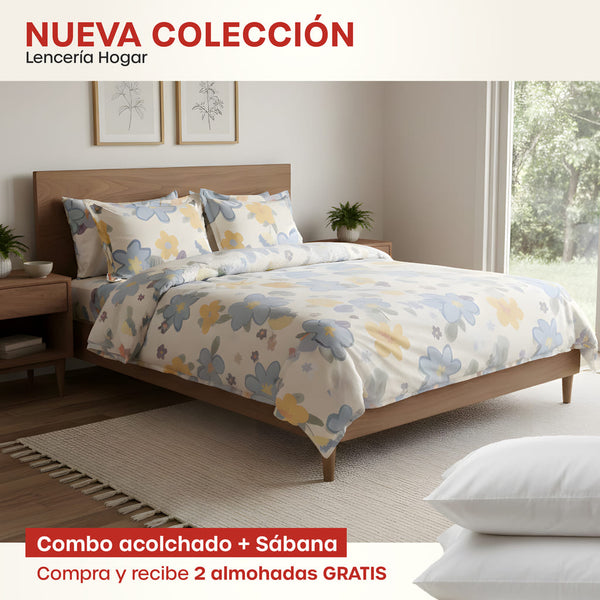 KIT ACOLCHADO + JUEGO DE SABANA PRIMAVERA COLORES + (2) ALMOHADAS SILICONADAS