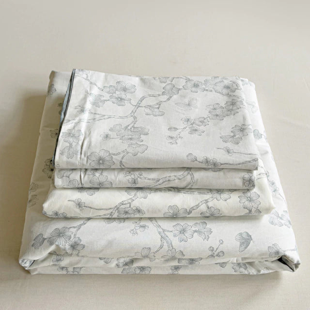 JUEGO DE SABANA REAL 100 % ALGODÓN FLOR GRIS