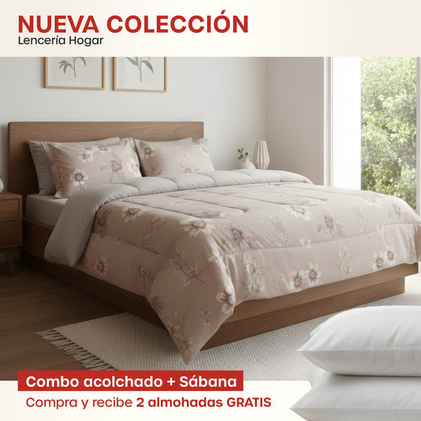 KIT ACOLCHADO + JUEGO DE SABANA PRIMAVERA ROSA + (2) ALMOHADAS SILICONADAS