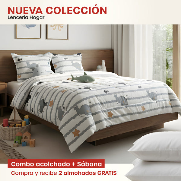 KIT ACOLCHADO + JUEGO DE SABANA BALLENAS + (2) ALMOHADAS SILICONADAS
