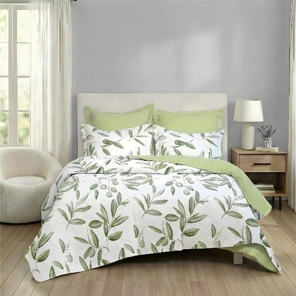 COLCHA + JUEGO DE SABANA ALGODON FLORAL VERDE OLIVA
