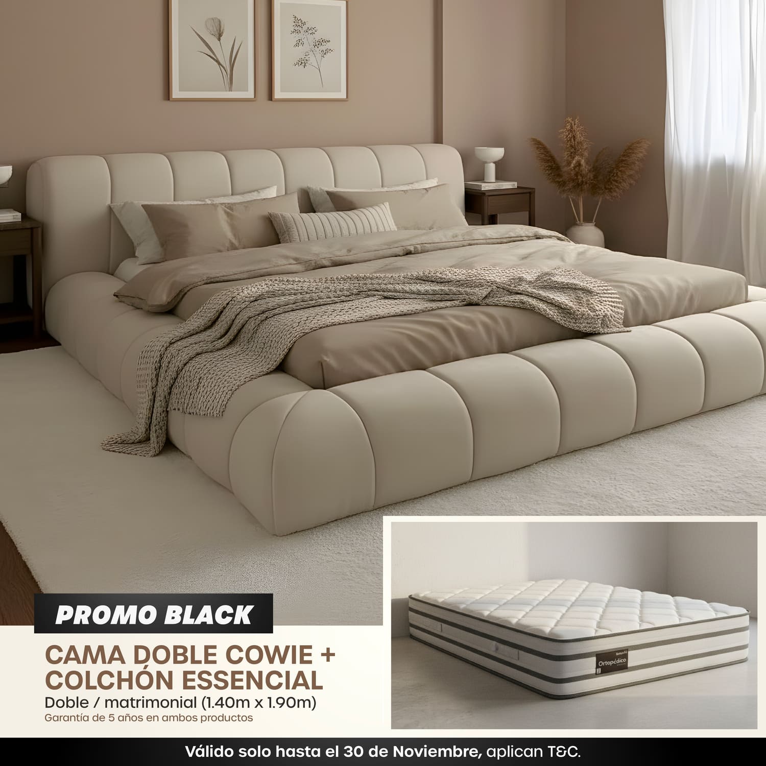 COMBO CAMA COWIE + COLCHÓN ESSENCIAL