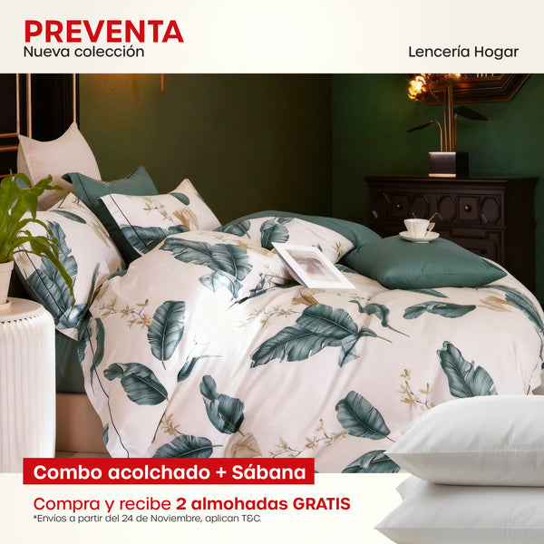 KIT ACOLCHADO + JUEGO DE SABANA BOTANIC + (2) ALMOHADAS SILICONADAS