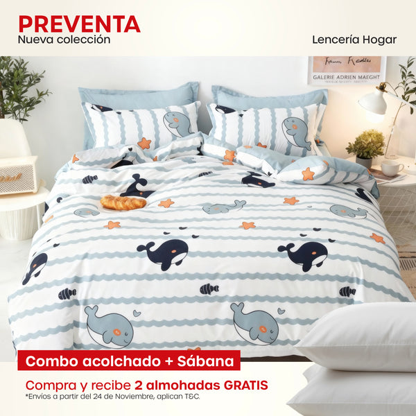 KIT ACOLCHADO + JUEGO DE SABANA BALLENAS + (2) ALMOHADAS SILICONADAS