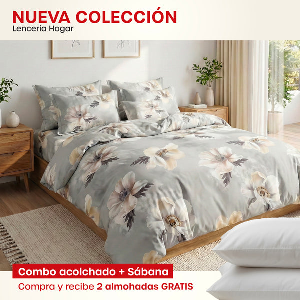 KIT ACOLCHADO + JUEGO DE SABANA PRIMAVERA GRIS + (2) ALMOHADAS SILICONADAS