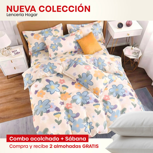 KIT ACOLCHADO + JUEGO DE SABANA PRIMAVERA COLORES + (2) ALMOHADAS SILICONADAS