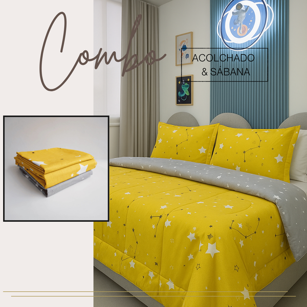 KIT ACOLCHADO + JUEGO DE SABANA ESTRELLAS AMARILLO