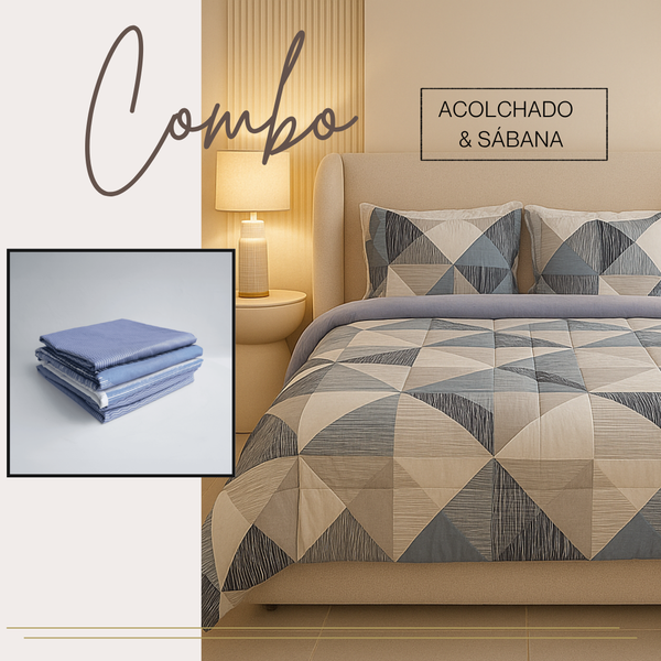 KIT ACOLCHADO + JUEGO DE SABANA GEOMETRICO AZUL
