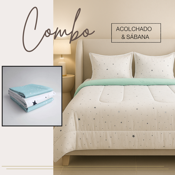 KIT ACOLCHADO + JUEGO DE SABANA ESTRELLAS CELESTE