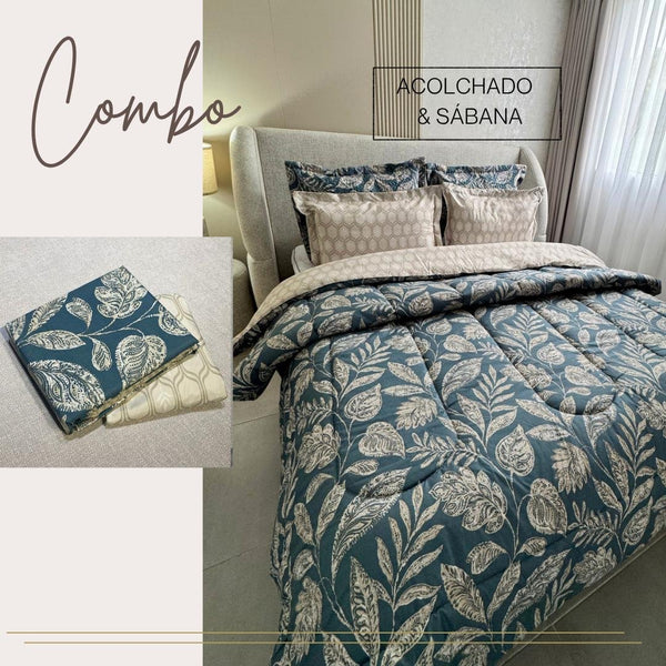 KIT ACOLCHADO + JUEGO DE SABANA PRINT NATURAL VERDE