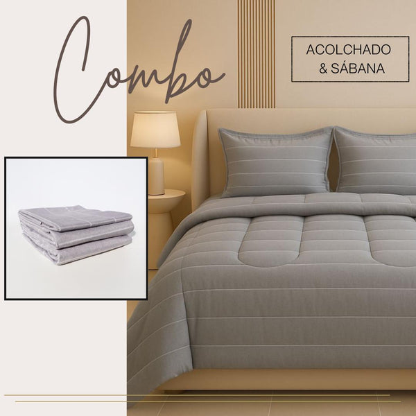 KIT ACOLCHADO + JUEGO DE SABANA PRINT LINEAS GRIS