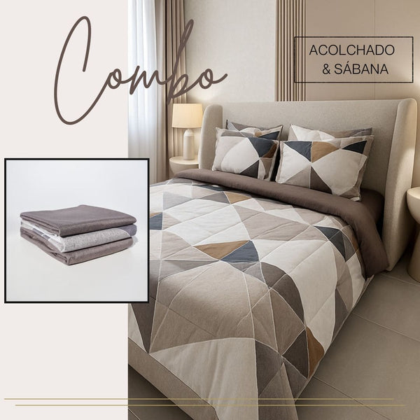 KIT ACOLCHADO + JUEGO DE SABANA PRINT GEOMETRICO CAFÉ