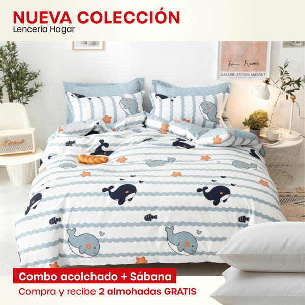 KIT ACOLCHADO + JUEGO DE SABANA BALLENAS + (2) ALMOHADAS SILICONADAS