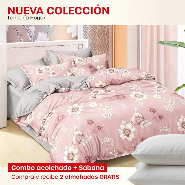 KIT ACOLCHADO + JUEGO DE SABANA PRIMAVERA ROSA + (2) ALMOHADAS SILICONADAS
