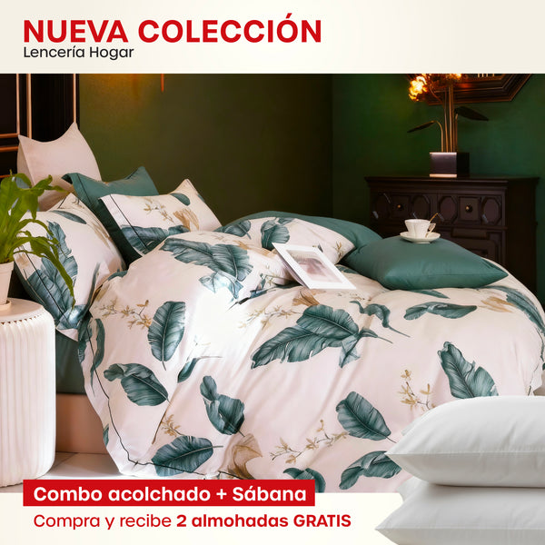 KIT ACOLCHADO + JUEGO DE SABANA BOTANIC + (2) ALMOHADAS SILICONADAS