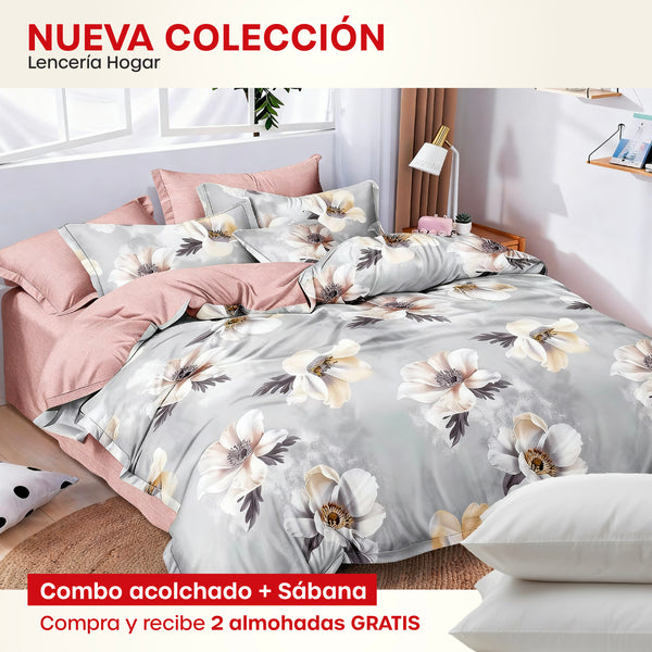 KIT ACOLCHADO + JUEGO DE SABANA PRIMAVERA GRIS + (2) ALMOHADAS SILICONADAS