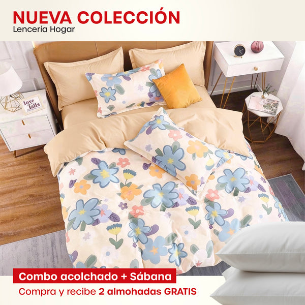 KIT ACOLCHADO + JUEGO DE SABANA PRIMAVERA COLORES + (2) ALMOHADAS SILICONADAS
