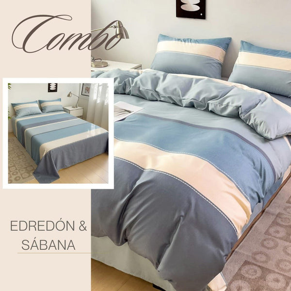 KIT ACOLCHADO + JUEGO DE SABANA LINEAS AZULES