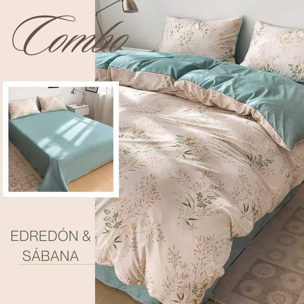 KIT ACOLCHADO + JUEGO DE SABANA FLORAL JARDIN