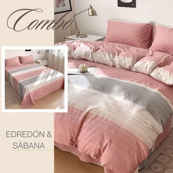 KIT ACOLCHADO + JUEGO DE SABANA LINEAS ROSAS