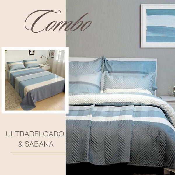 KIT COLCHA ULTRADELGADA + JUEGO DE SABANA LINEAS AZULES