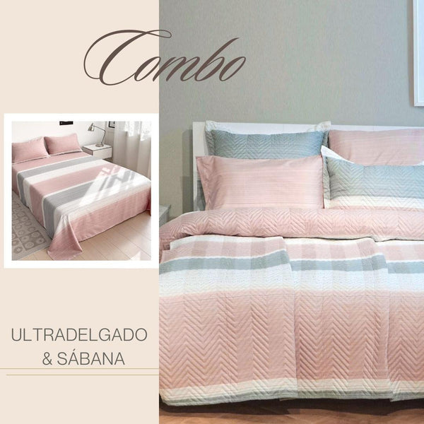 KIT COLCHA ULTRADELGADA + JUEGO DE SABANA LINEAS ROSAS