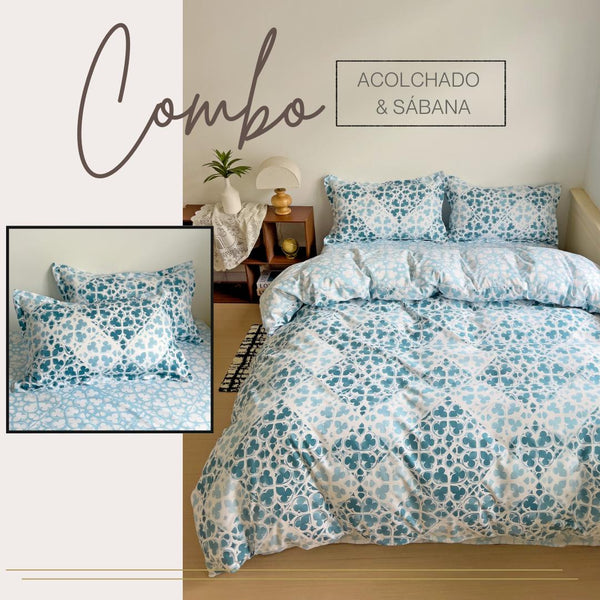 KIT ACOLCHADO + JUEGO DE SABANAS MOSAICO AZUL
