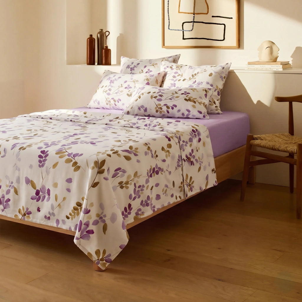 EDREDON + JUEGO DE SABANA ALGODON FLORAL LILA