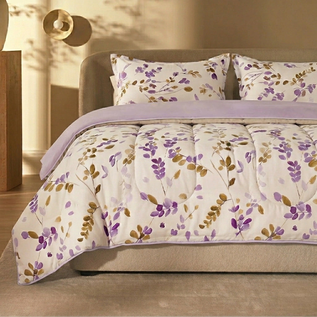 EDREDON + JUEGO DE SABANA ALGODON FLORAL LILA