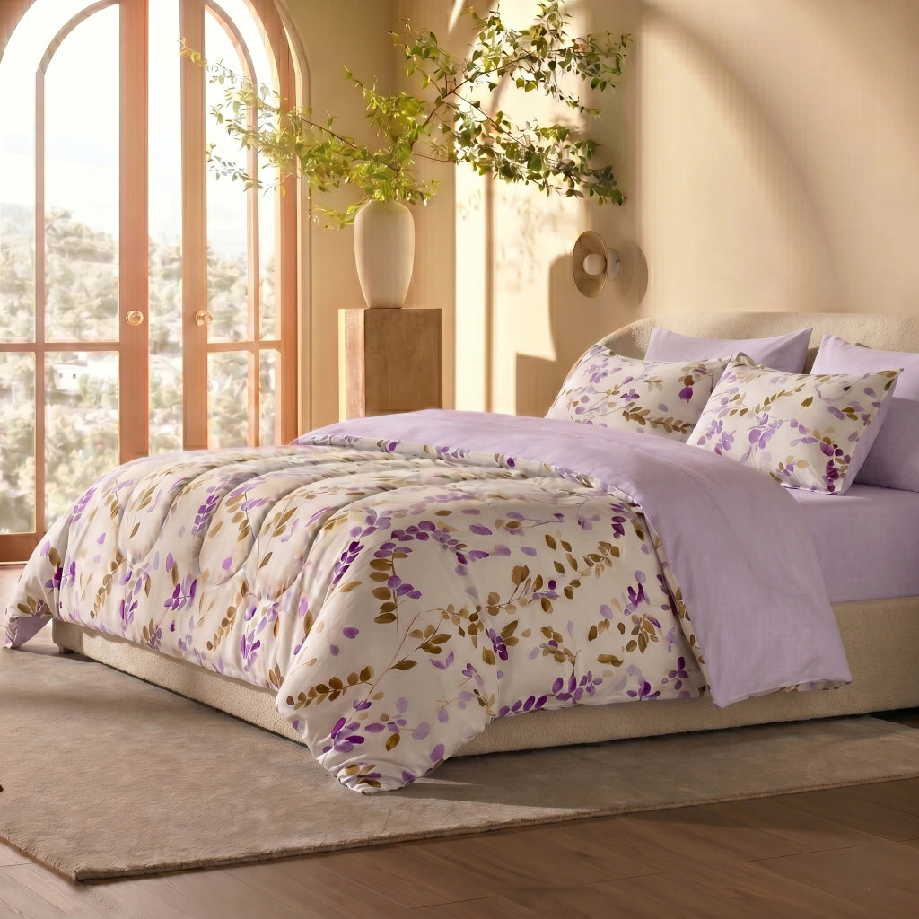 EDREDON + JUEGO DE SABANA ALGODON FLORAL LILA