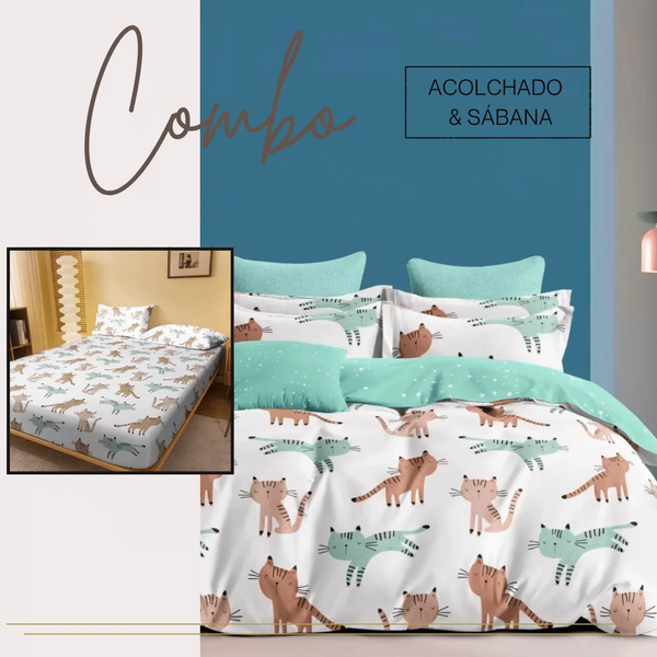 KIT ACOLCHADO + JUEGO DE SABANA CATS