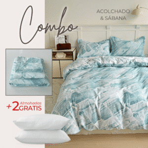KIT ACOLCHADO + JUEGO DE SABANAS MARMOL AQUA + 2 ALMOHADAS GRATIS