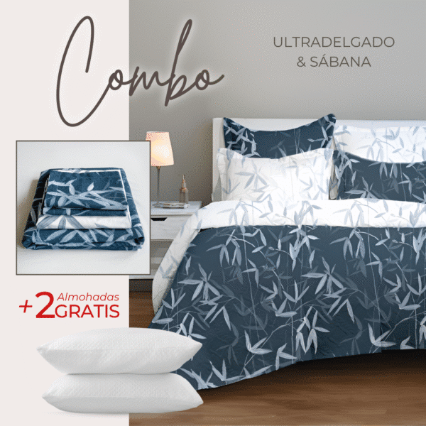 KIT ULTRADELGADO + JUEGO DE SABANAS BAMBOO NOCHE + 2 ALMOHADAS GRATIS