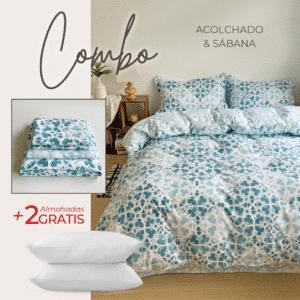 KIT ACOLCHADO + JUEGO DE SABANAS MOSAICO AZUL + 2 ALMOHADAS GRATIS