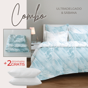 KIT ULTRADELGADO + JUEGO DE SABANAS MARMOL AQUA + 2 ALMOHADAS GRATIS
