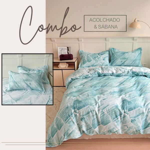 KIT ACOLCHADO + JUEGO DE SABANAS MARMOL AQUA