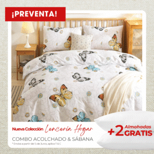 KIT ACOLCHADO + JUEGO DE SABANAS MARIPOSAS + 2 ALMOHADAS GRATIS
