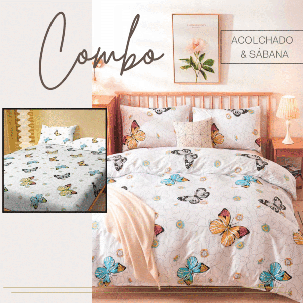 KIT ACOLCHADO + JUEGO DE SABANAS MARIPOSAS